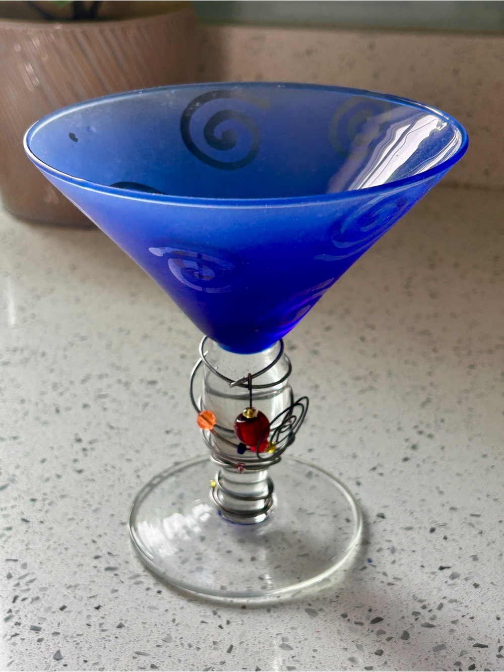 Cobalt Blue Decorative Glass Martini Bowl with Swirl Accents 5 1/4” diameter